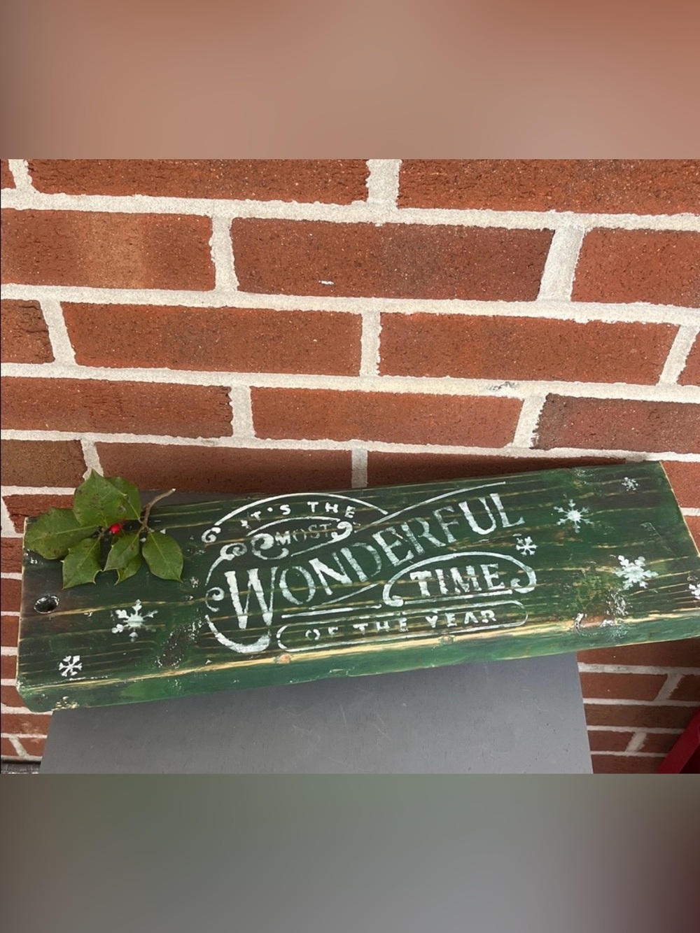 Rustic Wooden Riser Most Wonderful Time of Year Green Raised Tray Reclaimed Wood